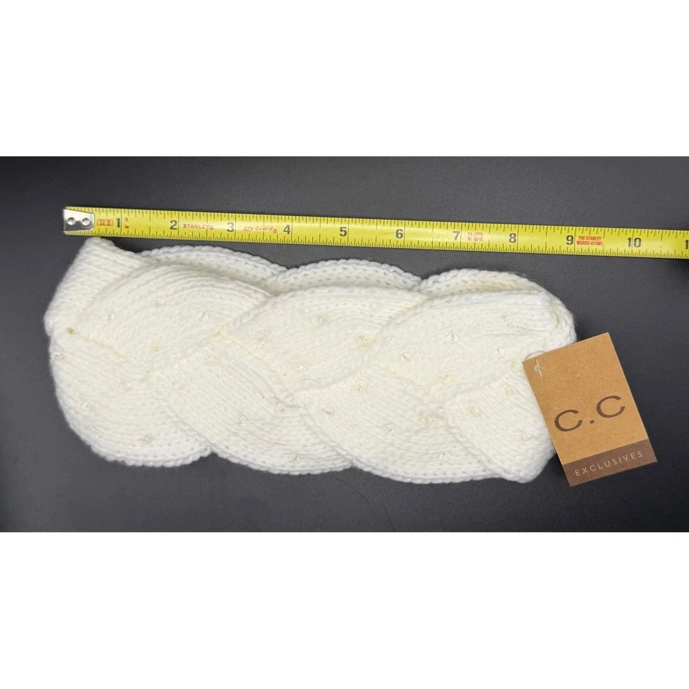 CC Exclusives Ivory Cable Knit Braided Headband with Sequins Winter Ear Warmer